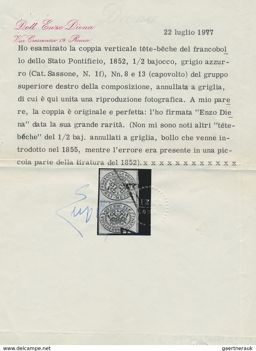 Italien - Altitalienische Staaten: Kirchenstaat: 1852, 1/2 Baj Black On Blue-grey, Vertical Tête-bêc - Kirchenstaaten