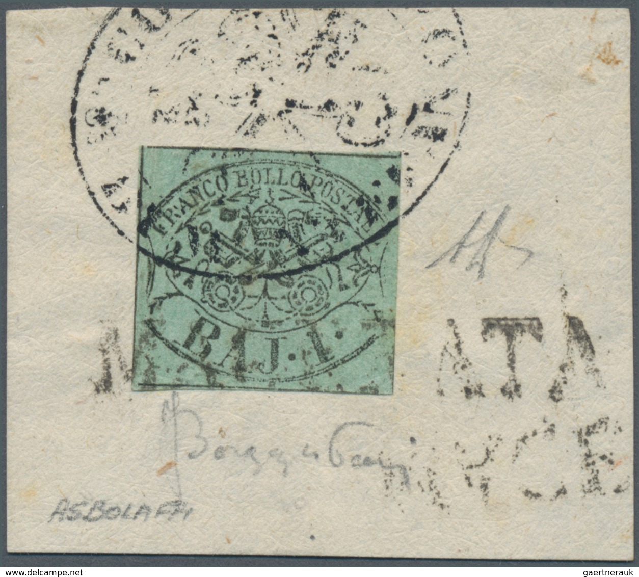 Italien - Altitalienische Staaten: Kirchenstaat: 1852, 1 Baj Black On Green, Tied By Black Oval Seal - Etats Pontificaux