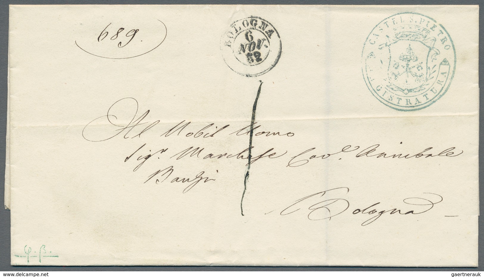 Italien - Altitalienische Staaten: Kirchenstaat: 1852, 1 Bajocco Green Tied By RARE Cursive Line CAS - Etats Pontificaux