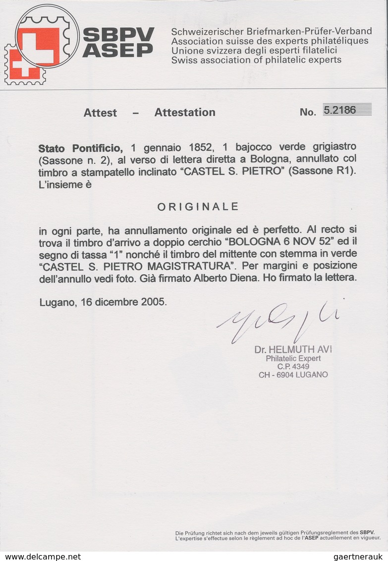 Italien - Altitalienische Staaten: Kirchenstaat: 1852, 1 Bajocco Green Tied By RARE Cursive Line CAS - Etats Pontificaux