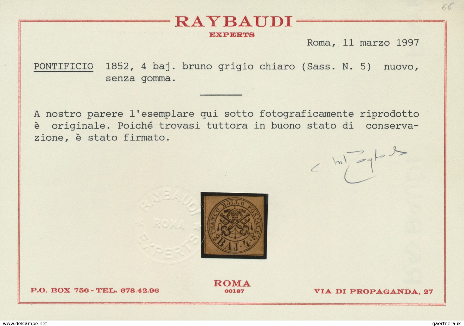 Italien - Altitalienische Staaten: Kirchenstaat: 1852. 4 Baj. Black On Light Brown, Mint Without Gum - Papal States