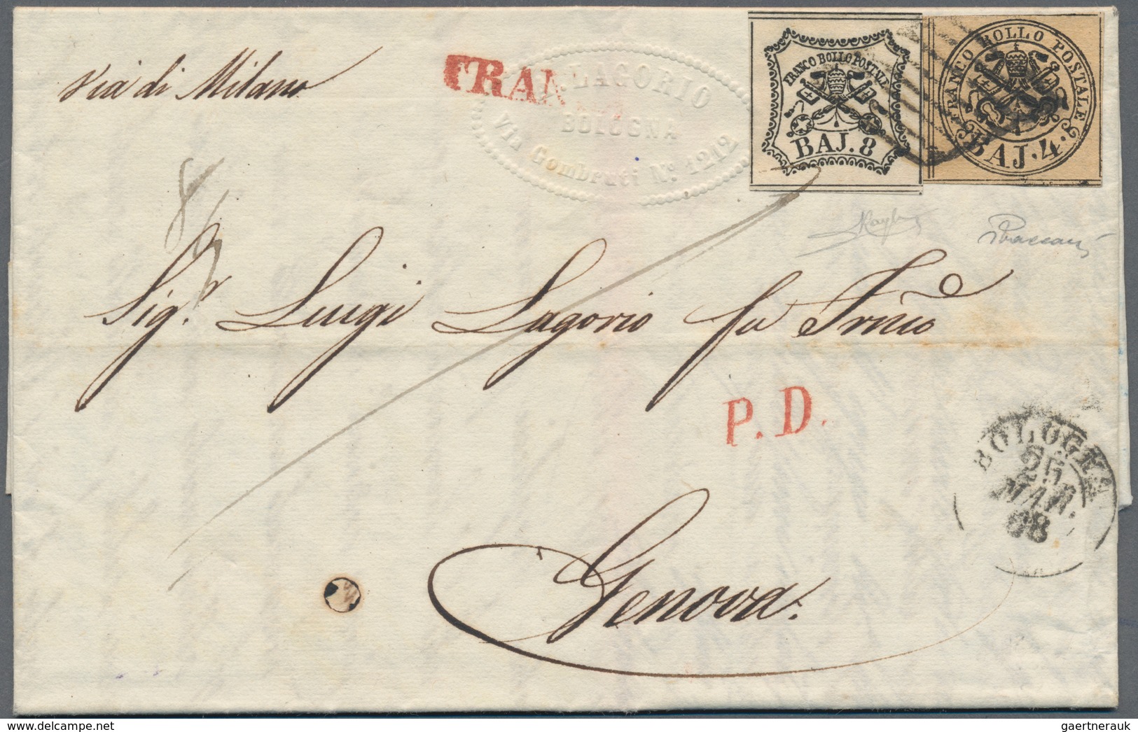 Italien - Altitalienische Staaten: Kirchenstaat: 1858, 8 Baj And 4 Baj, On P.D. Letter From Bologna - Papal States