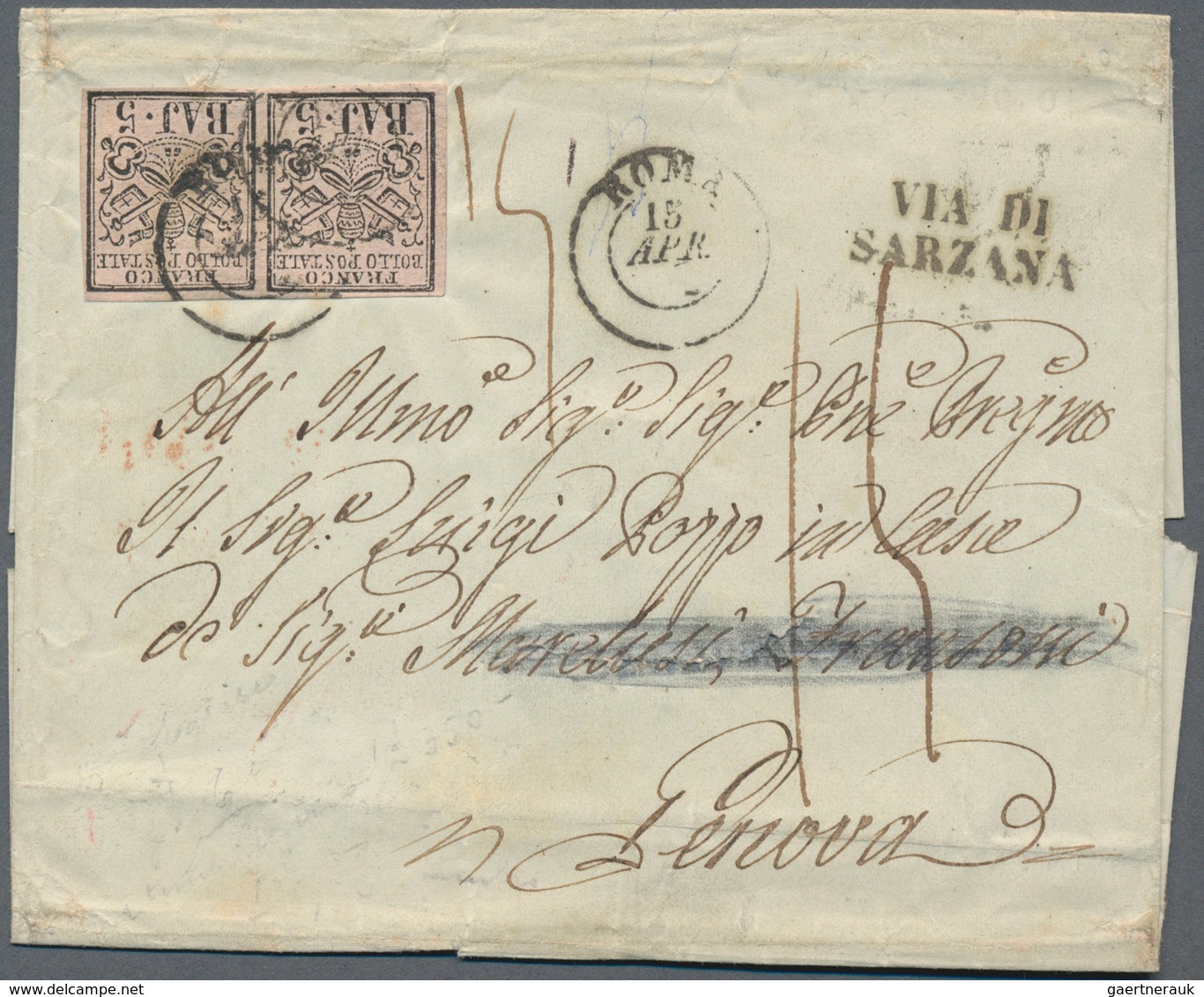 Italien - Altitalienische Staaten: Kirchenstaat: 1852, A Pair 5 Baj Black On Rose, Wide Margins All - Kirchenstaaten