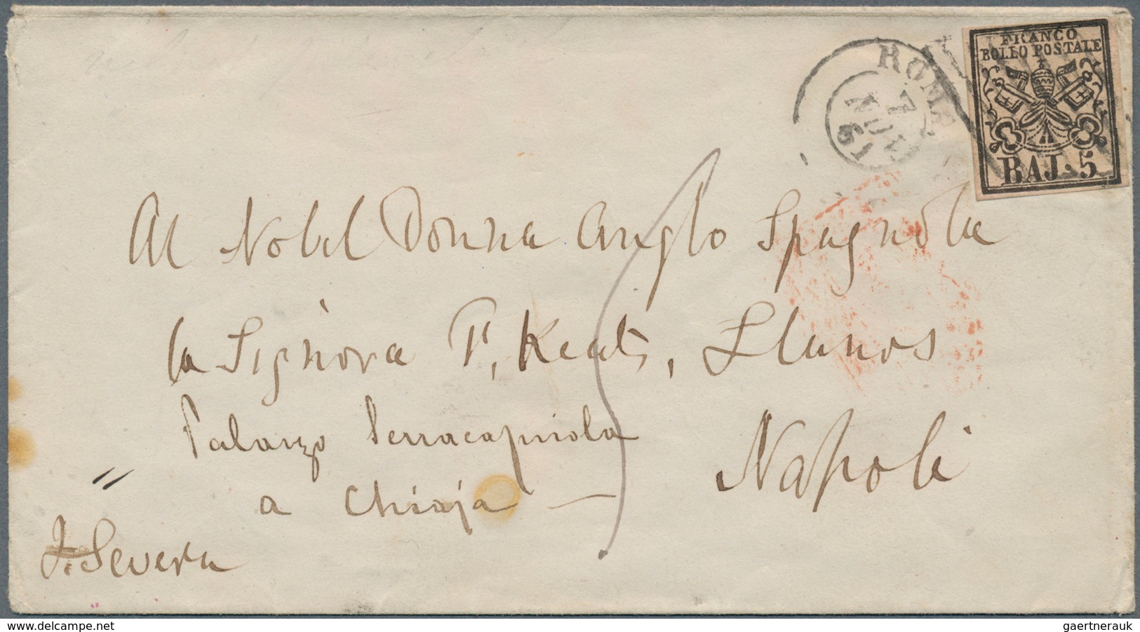 Italien - Altitalienische Staaten: Kirchenstaat: 1861, 5 Baj Black/rose, Even To Full Margins, Tied - Papal States