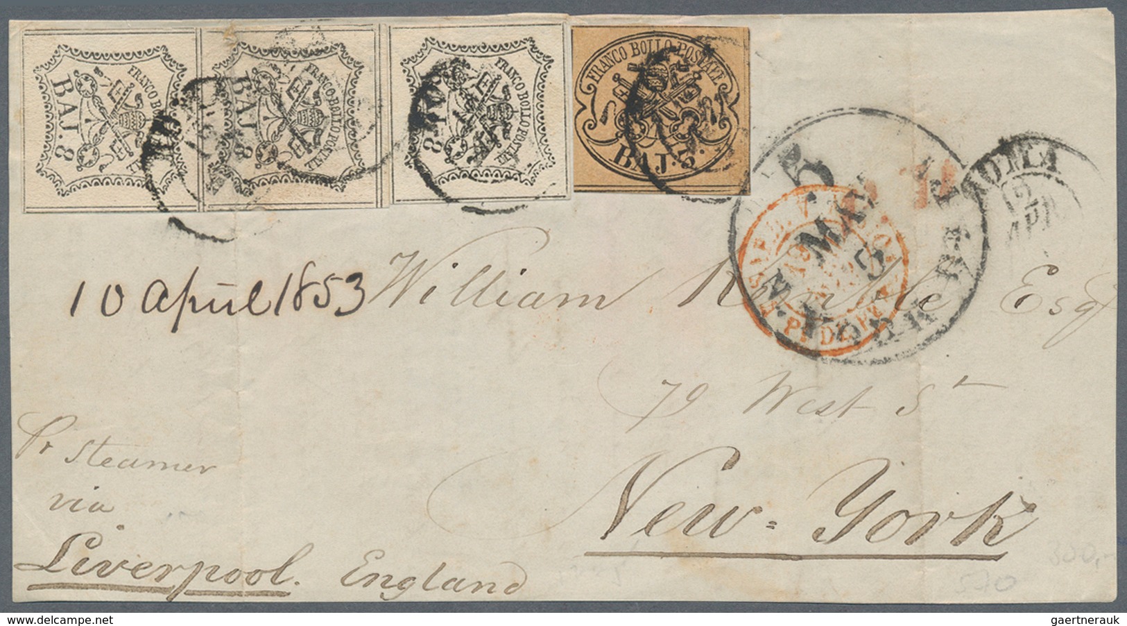 Italien - Altitalienische Staaten: Kirchenstaat: 1853. 8 Baj, Pair And Single, And 3 Baj, On Letter - Papal States