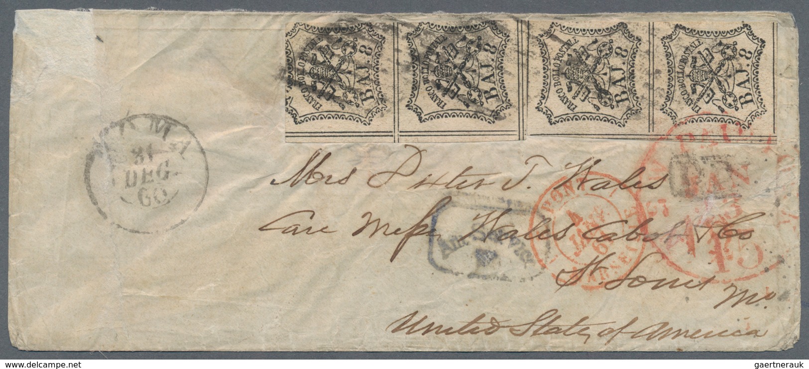 Italien - Altitalienische Staaten: Kirchenstaat: 1860, 8 Baj, Two Pairs, Prepaying The Single Letter - Kirchenstaaten