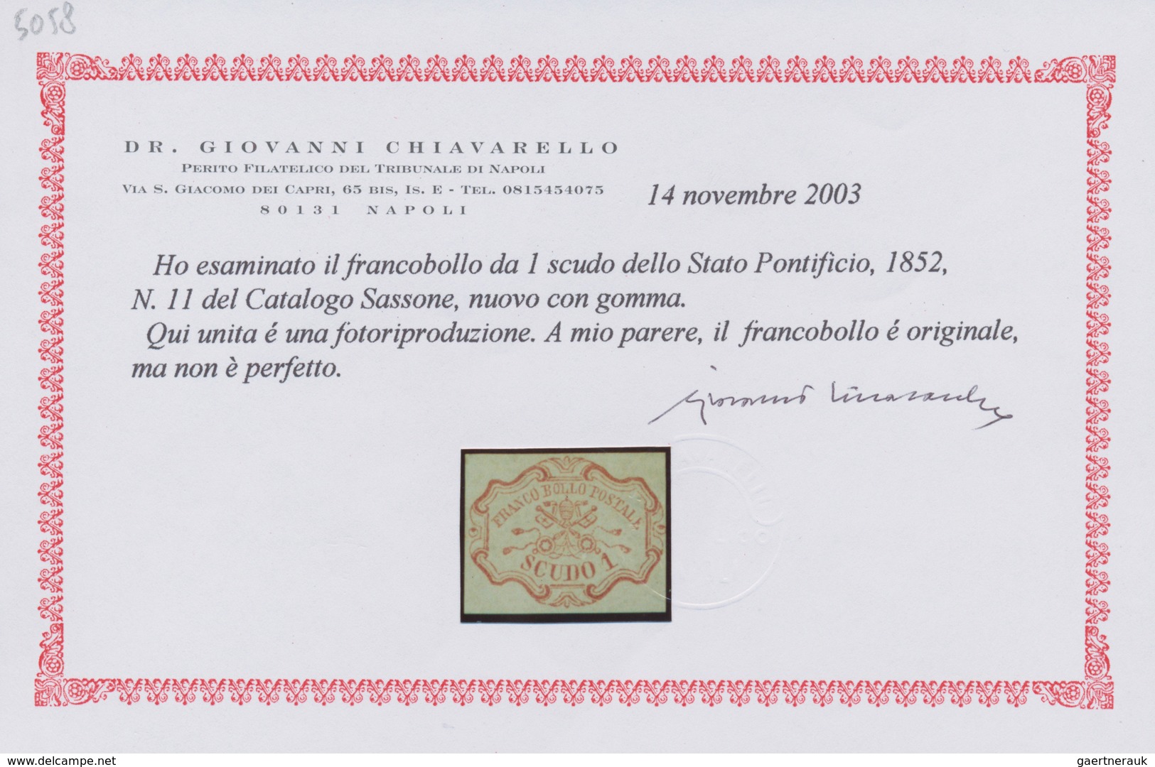 Italien - Altitalienische Staaten: Kirchenstaat: 1852, 1sc. Rose-carmine, Fresh Colour, Slightly Tou - Etats Pontificaux