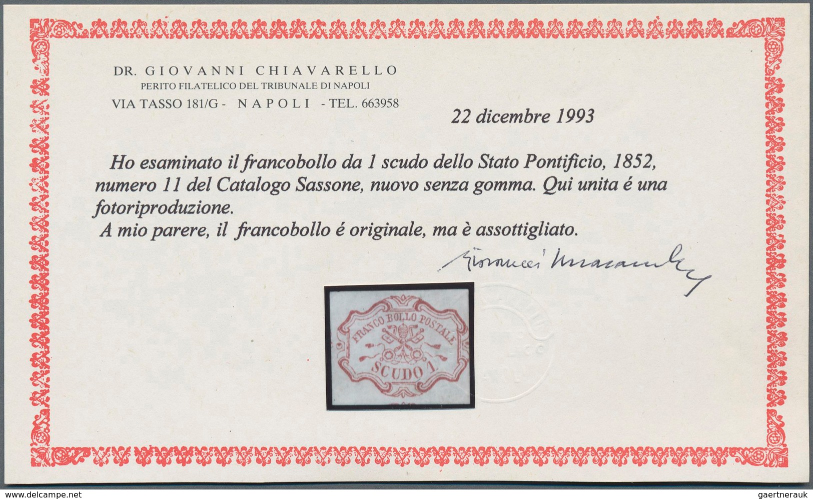 Italien - Altitalienische Staaten: Kirchenstaat: 1852, 1sc. Rose Carmine, Fresh Colour, Cut Into At - Papal States