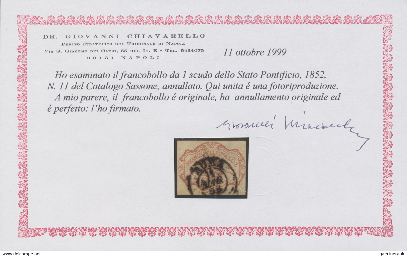 Italien - Altitalienische Staaten: Kirchenstaat: 1852, 1 Scudo Rose-carmine Cancelled With Double Ci - Papal States