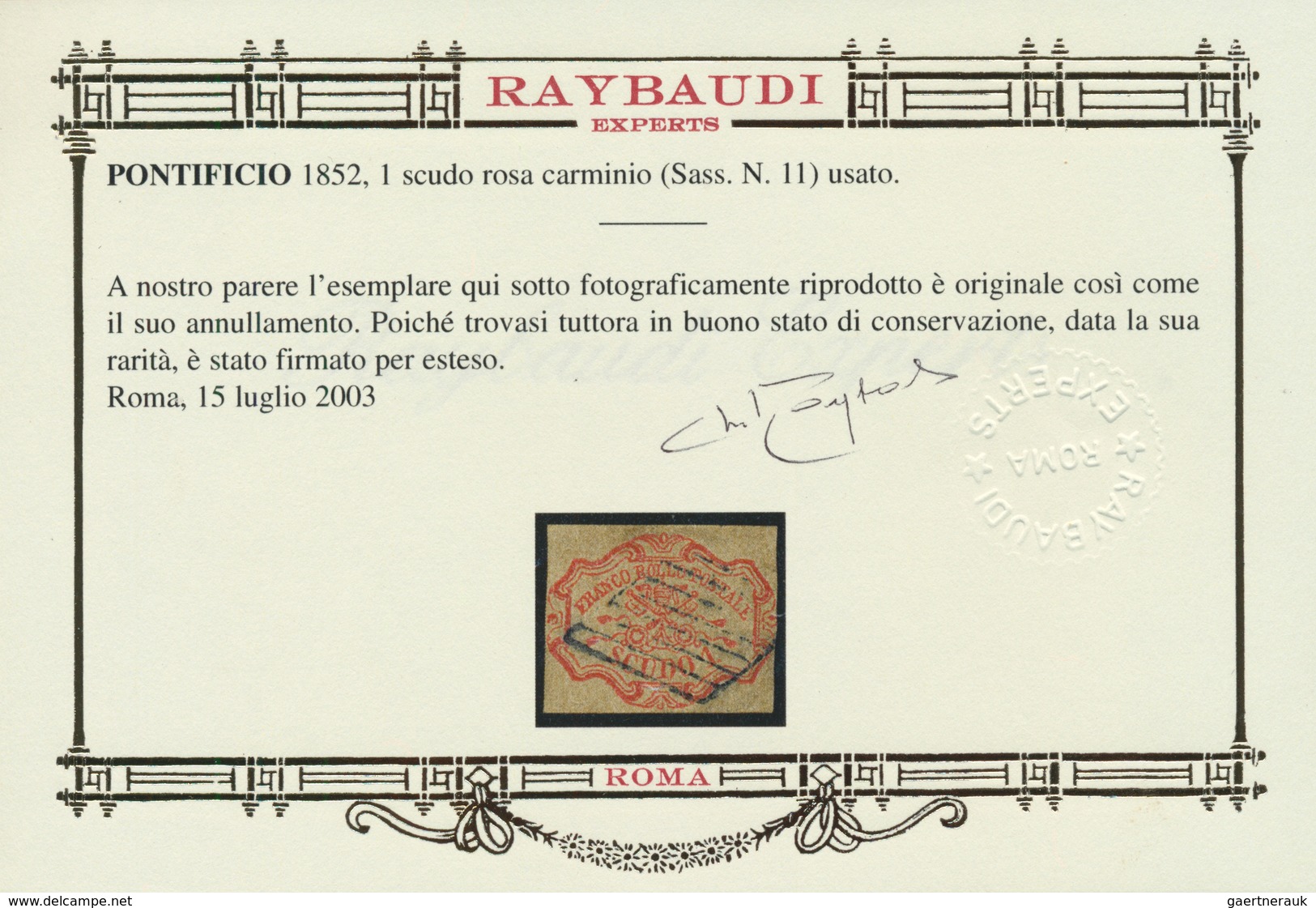 Italien - Altitalienische Staaten: Kirchenstaat: 1852, 1sc. Rose Carmine, Fresh Colour, Slightly Tou - Papal States