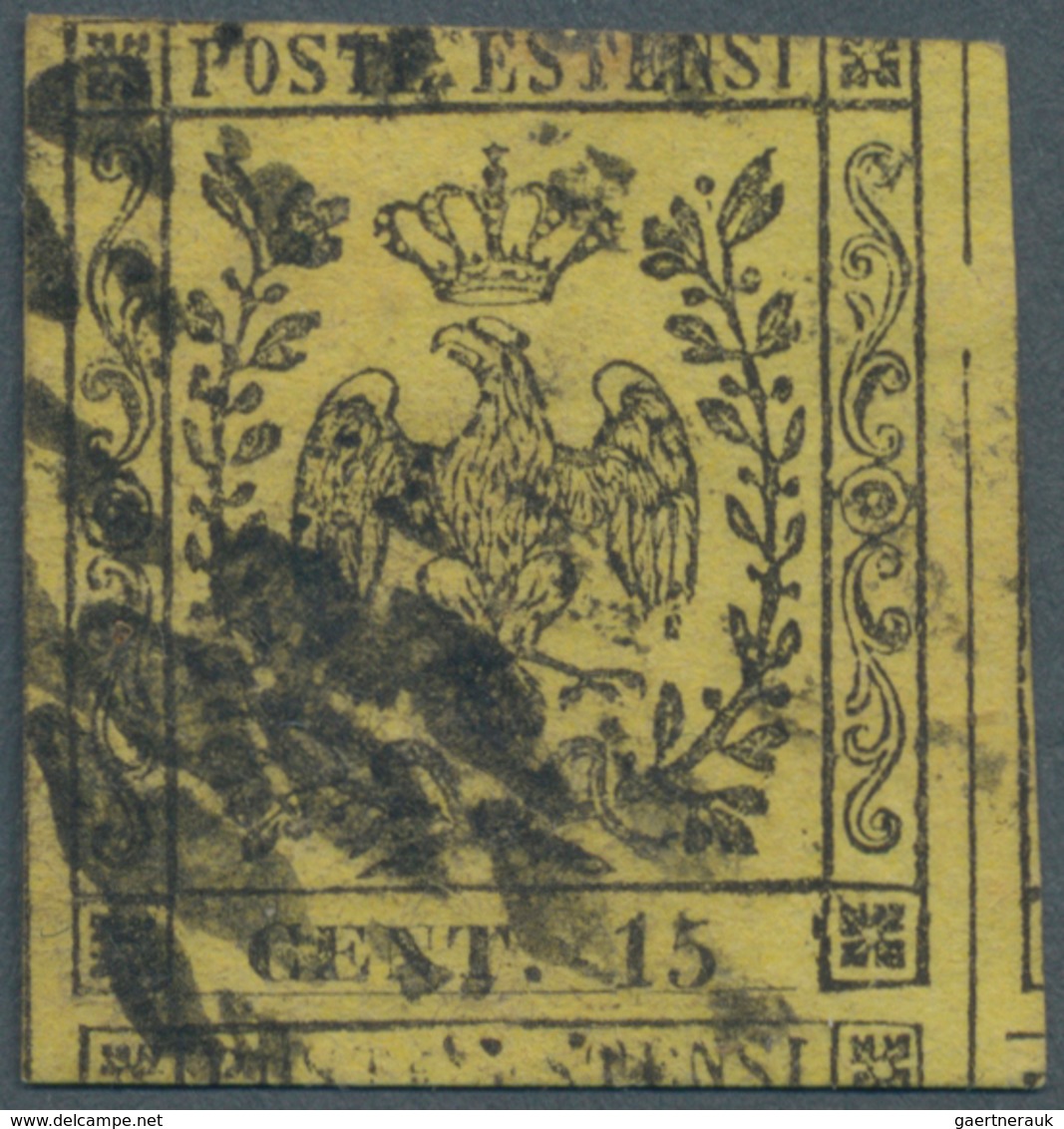 Italien - Altitalienische Staaten: Modena: 1852, 15 Cent. Black/yellow Cancelled With Dotted Lozenga - Modène