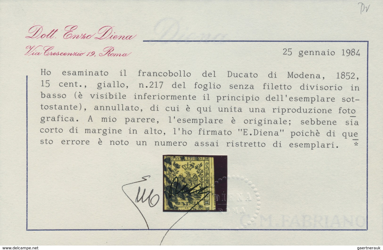 Italien - Altitalienische Staaten: Modena: 1852, 15 Cent. Black/yellow Cancelled With Dotted Lozenga - Modena