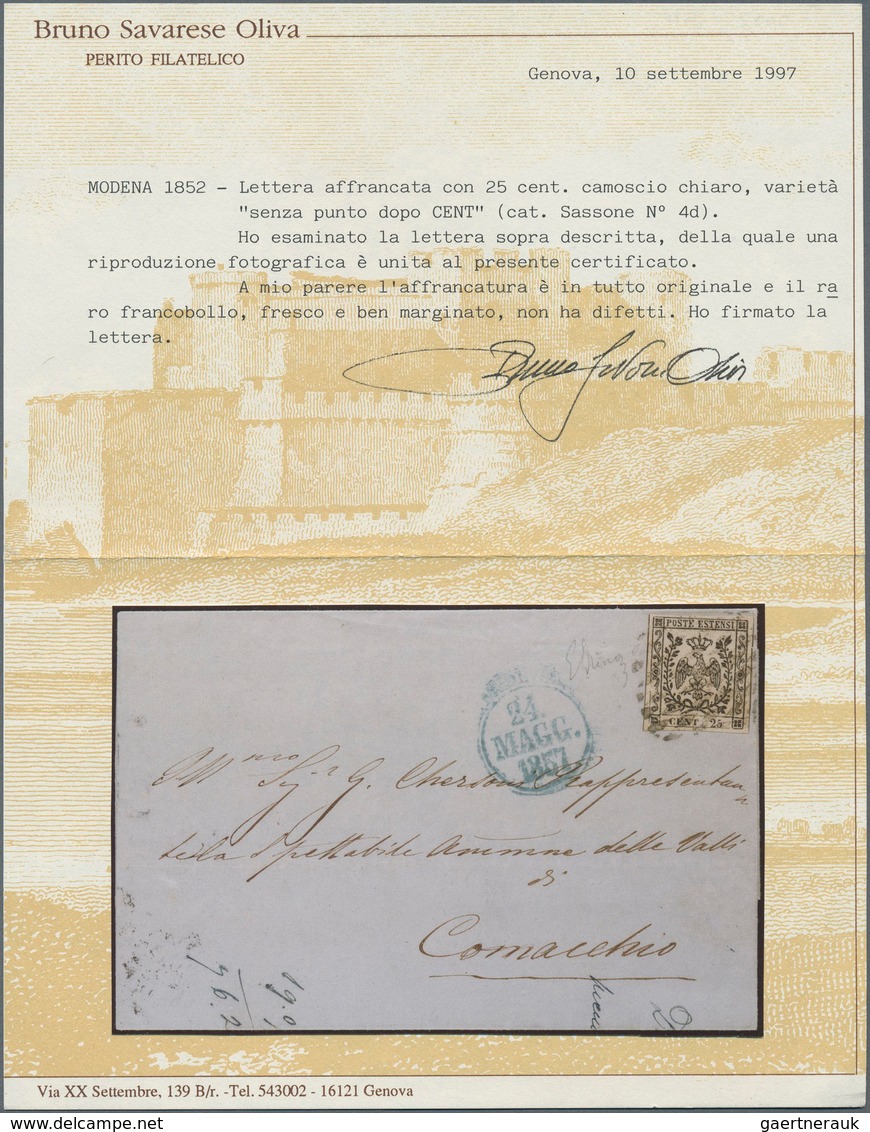 Italien - Altitalienische Staaten: Modena: 1852, 25 C Black On Buff, Full Margins, With Printing Var - Modena