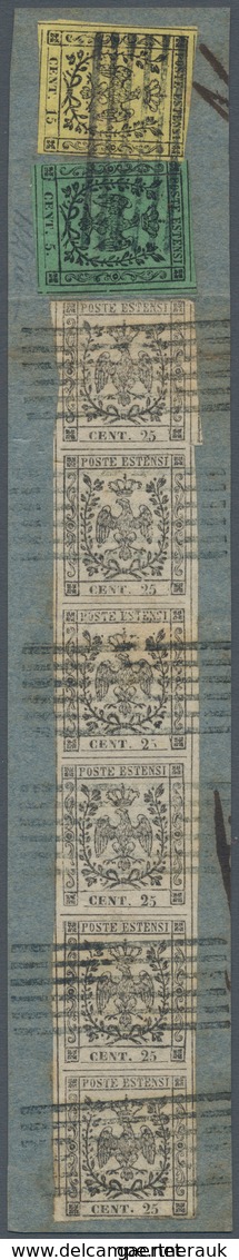 Italien - Altitalienische Staaten: Modena: 1852: 25 Cent Black On Chamois, Vertical Strip Of 6, Toge - Modène