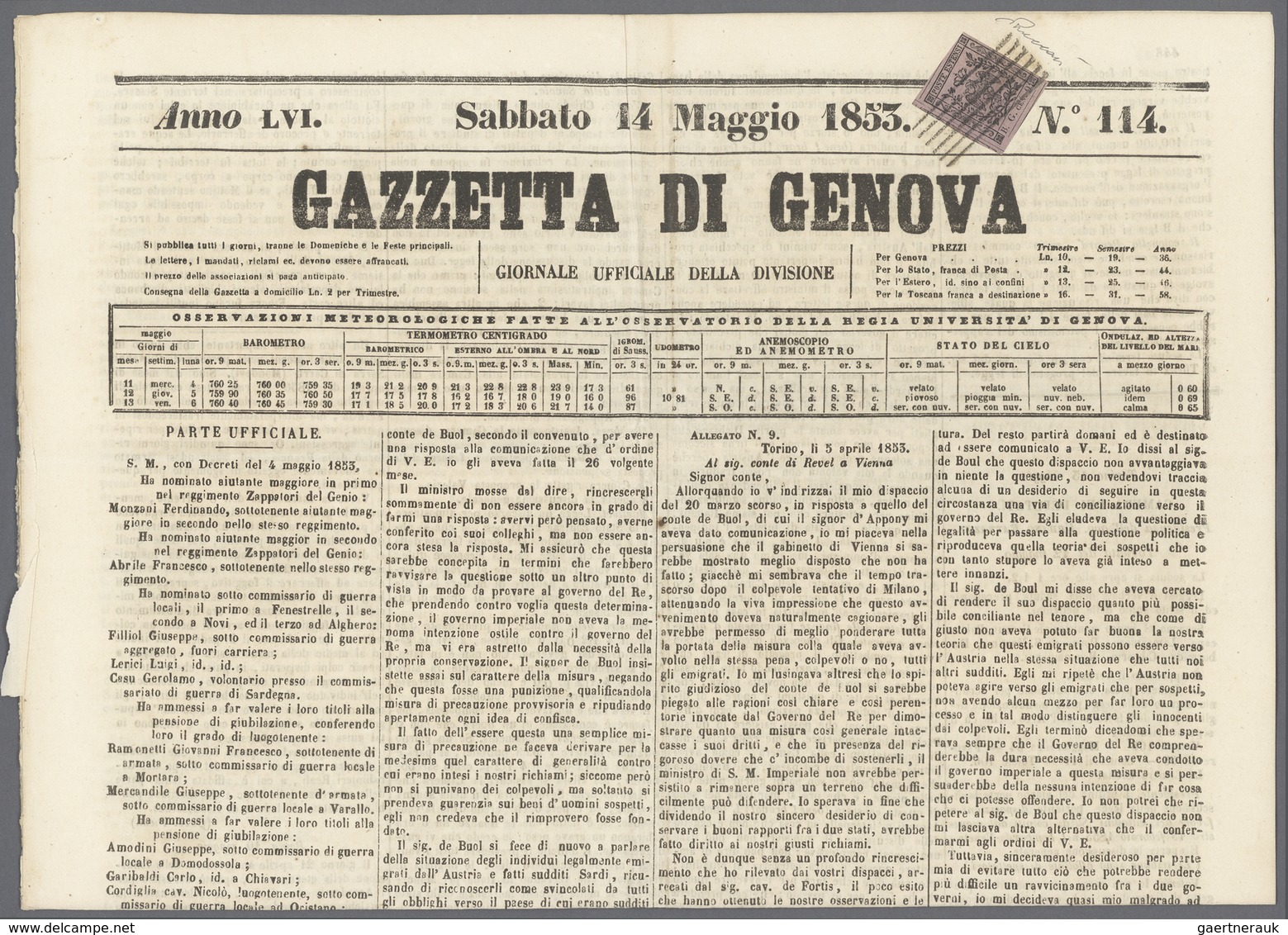 Italien - Altitalienische Staaten: Modena - Zeitungsstempelmarken: 1853, 9 C. Violett, Large B.G., ( - Modène