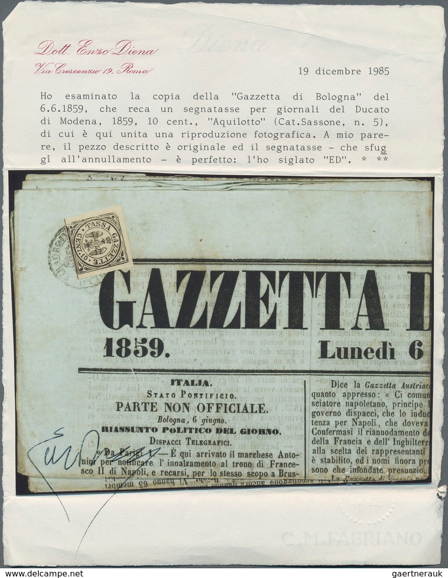 Italien - Altitalienische Staaten: Modena - Zeitungsstempelmarken: 1859, 10c. Black, Fresh Colour An - Modène