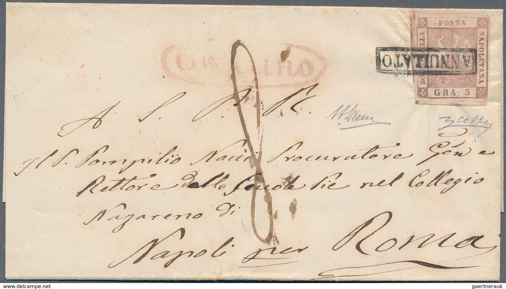 Italien - Altitalienische Staaten: Neapel: 1858: 5 Grana Auf Brief Nach Rom Aus Den Ersten Verwendun - Neapel