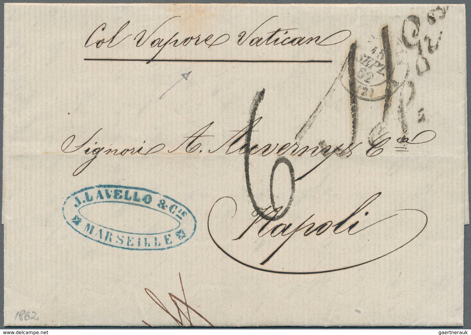 Italien - Altitalienische Staaten: Neapel: 1862, Entire Envelope Sent From Marseille "Col Vapore Vat - Neapel