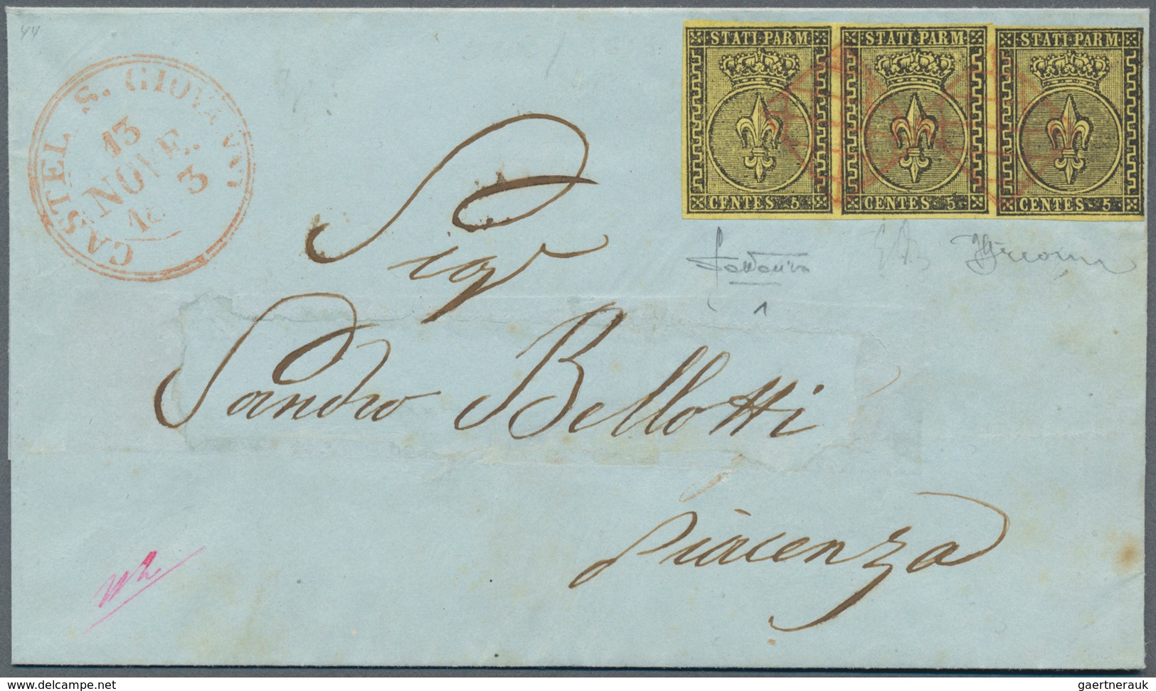 Italien - Altitalienische Staaten: Parma: 1852: 5 Cent. Black On Yellow, Strip Of Three, Canceled By - Parme