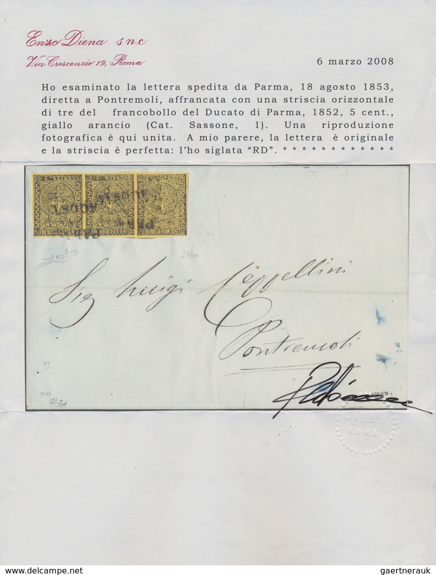 Italien - Altitalienische Staaten: Parma: 1852, 5 C Black On Yellow, Strip Of Three, Tied "PARMA 18 - Parme