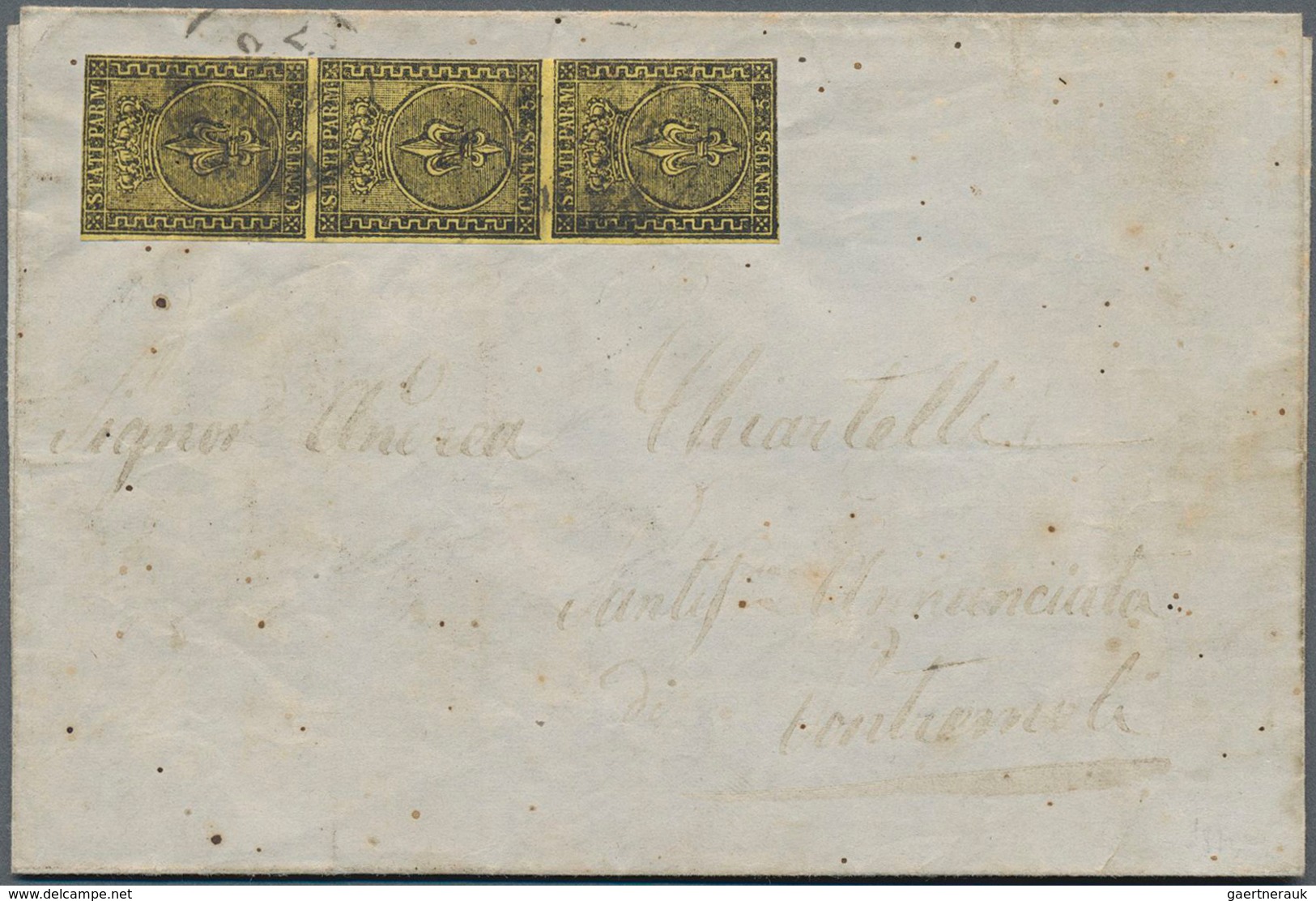 Italien - Altitalienische Staaten: Parma: 1852, 5 C Black On Orange-yellow, Vertical Strip Of 3, Clo - Parme