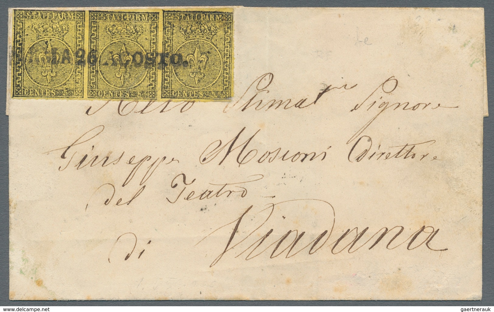 Italien - Altitalienische Staaten: Parma: 1852. 5 Cent. Black On Yellow, Horizontal Strip Of Three, - Parma