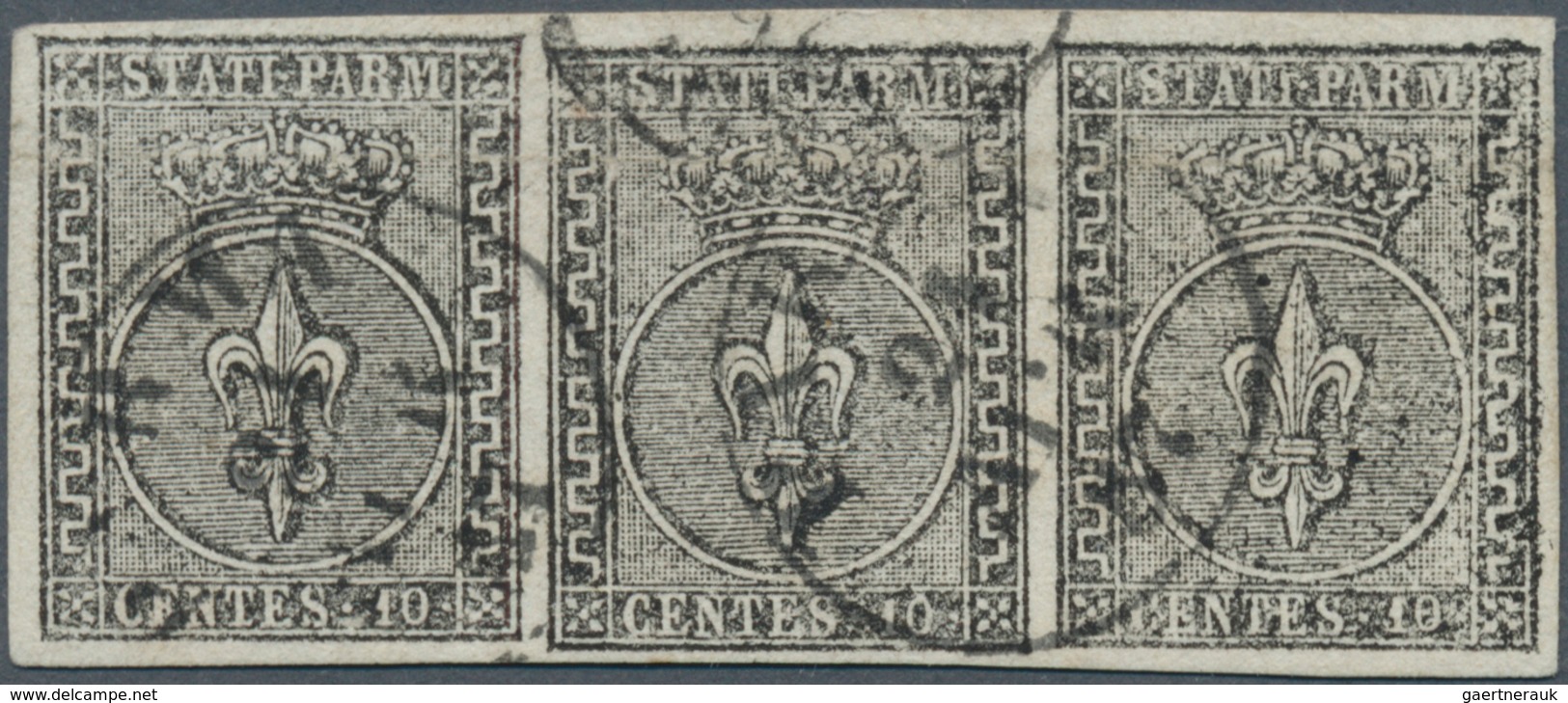 Italien - Altitalienische Staaten: Parma: 1852, 10c. Black On White, Horizontal Strip Of Three, Fres - Parme