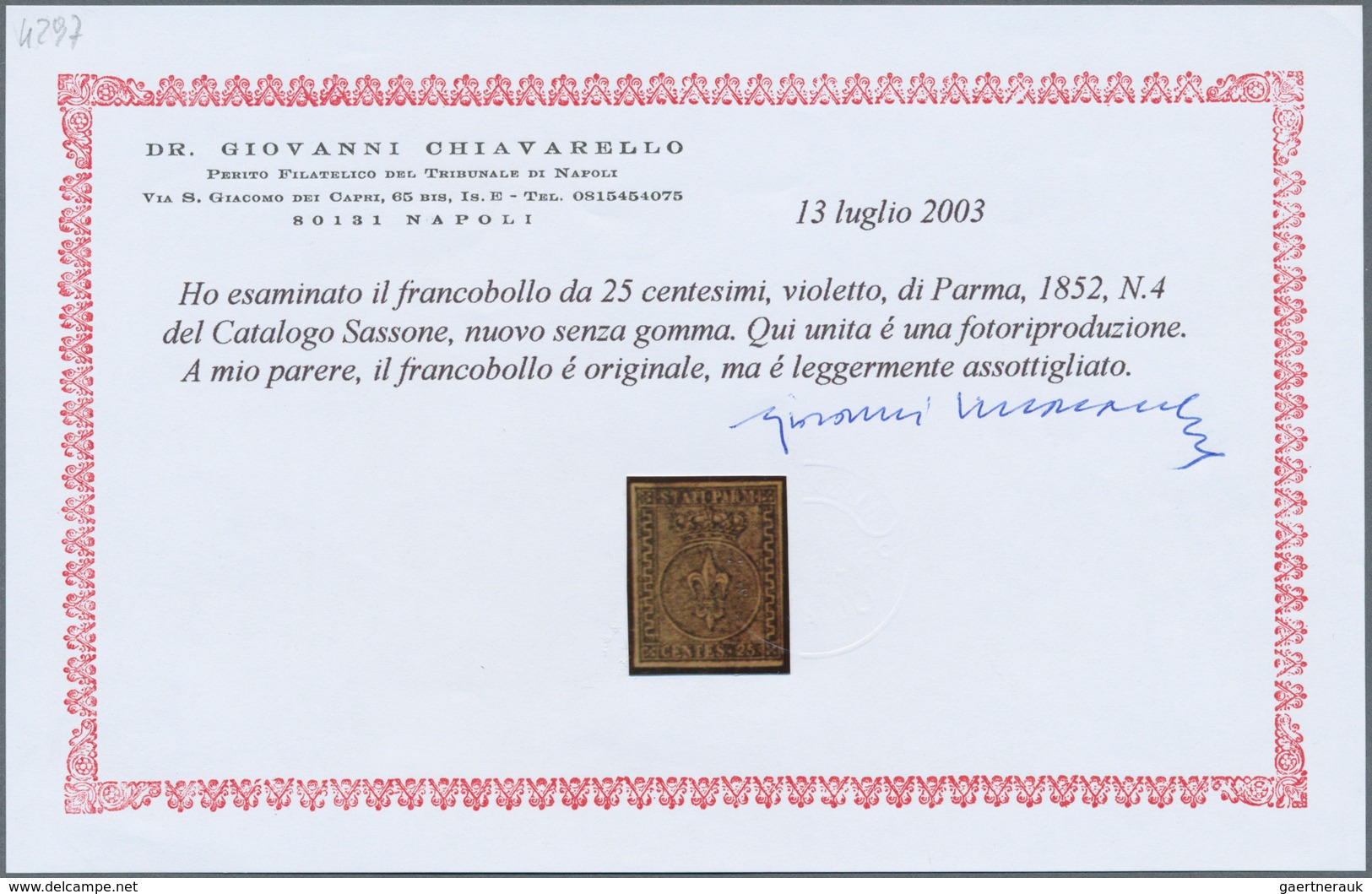 Italien - Altitalienische Staaten: Parma: 1852, 40 C Black On Violet, Full Margins, Mint Ungummed, N - Parme