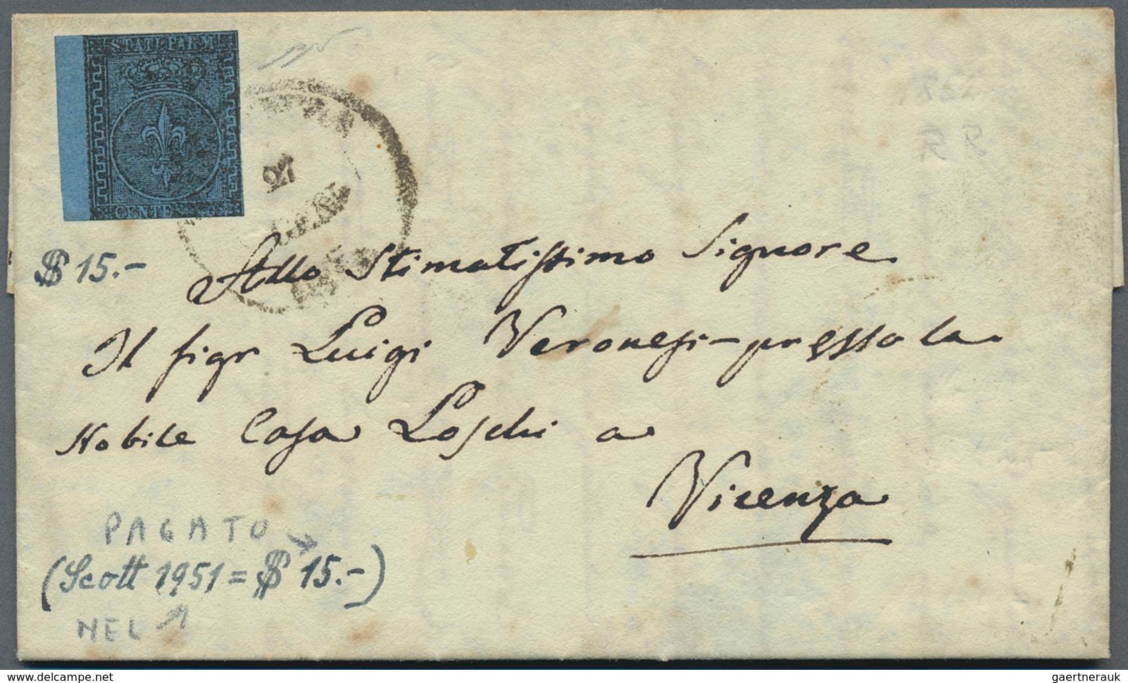 Italien - Altitalienische Staaten: Parma: 1852, 40 C Black On Blue, Three Sides Sligtly Touched And - Parme