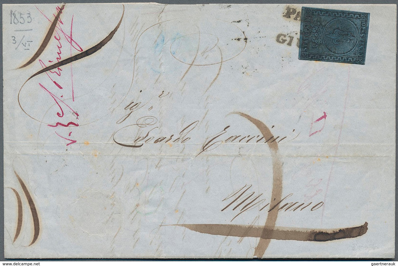 Italien - Altitalienische Staaten: Parma: 1852, 40 C Black On Blue, Even To Full Margins, Tied By Li - Parme