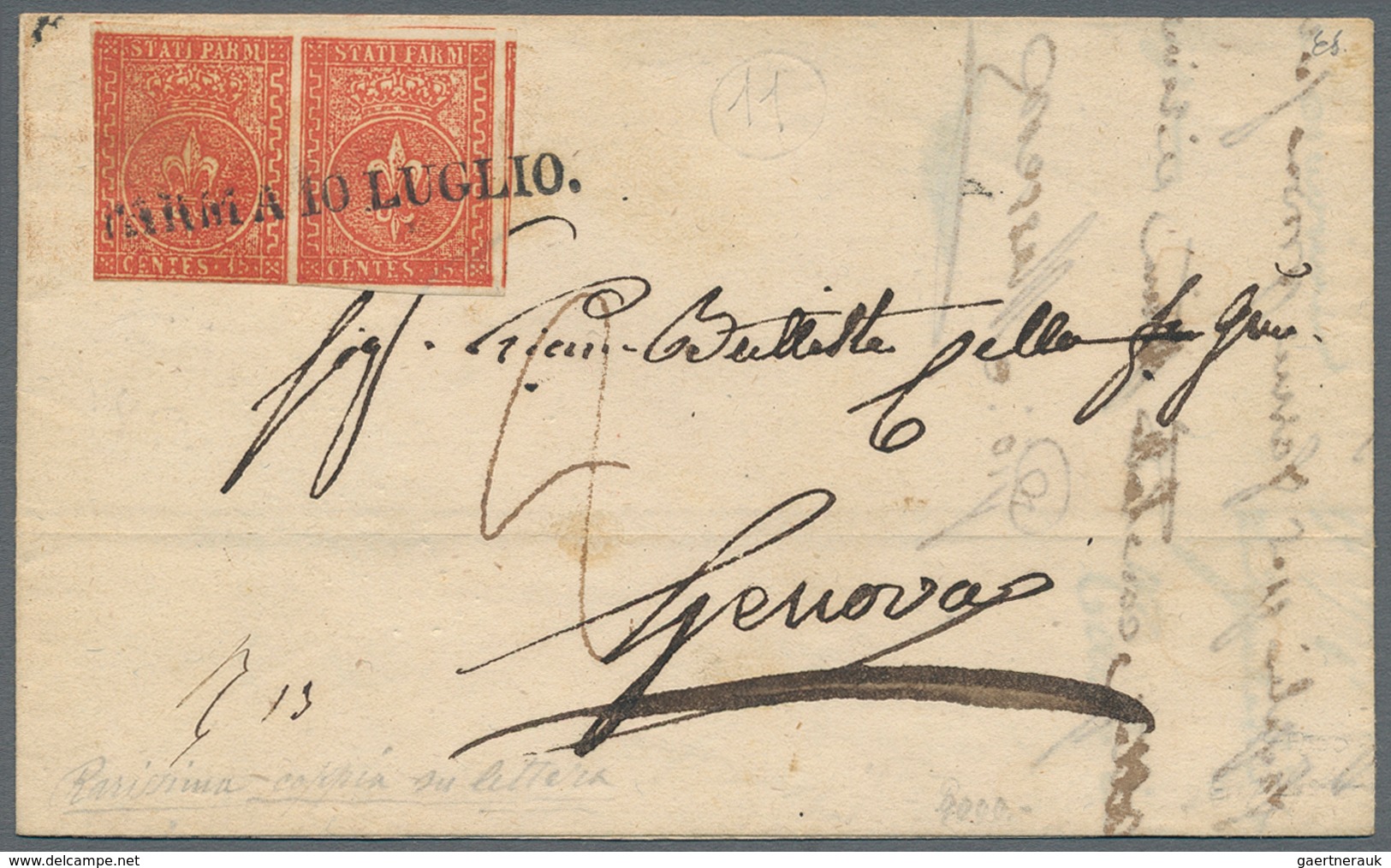 Italien - Altitalienische Staaten: Parma: 1853, 15 Centes Vermillon, Horizontal Pair, Slightly Cut I - Parma