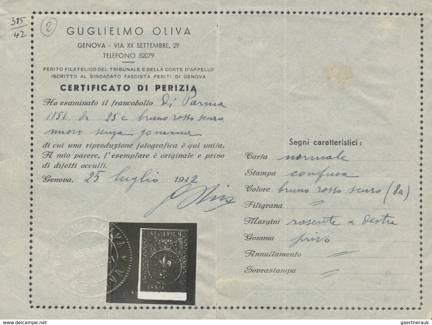 Italien - Altitalienische Staaten: Parma: 1851, 25 Cents Dark Red Brown, Mint Without Gum, Three Goo - Parme