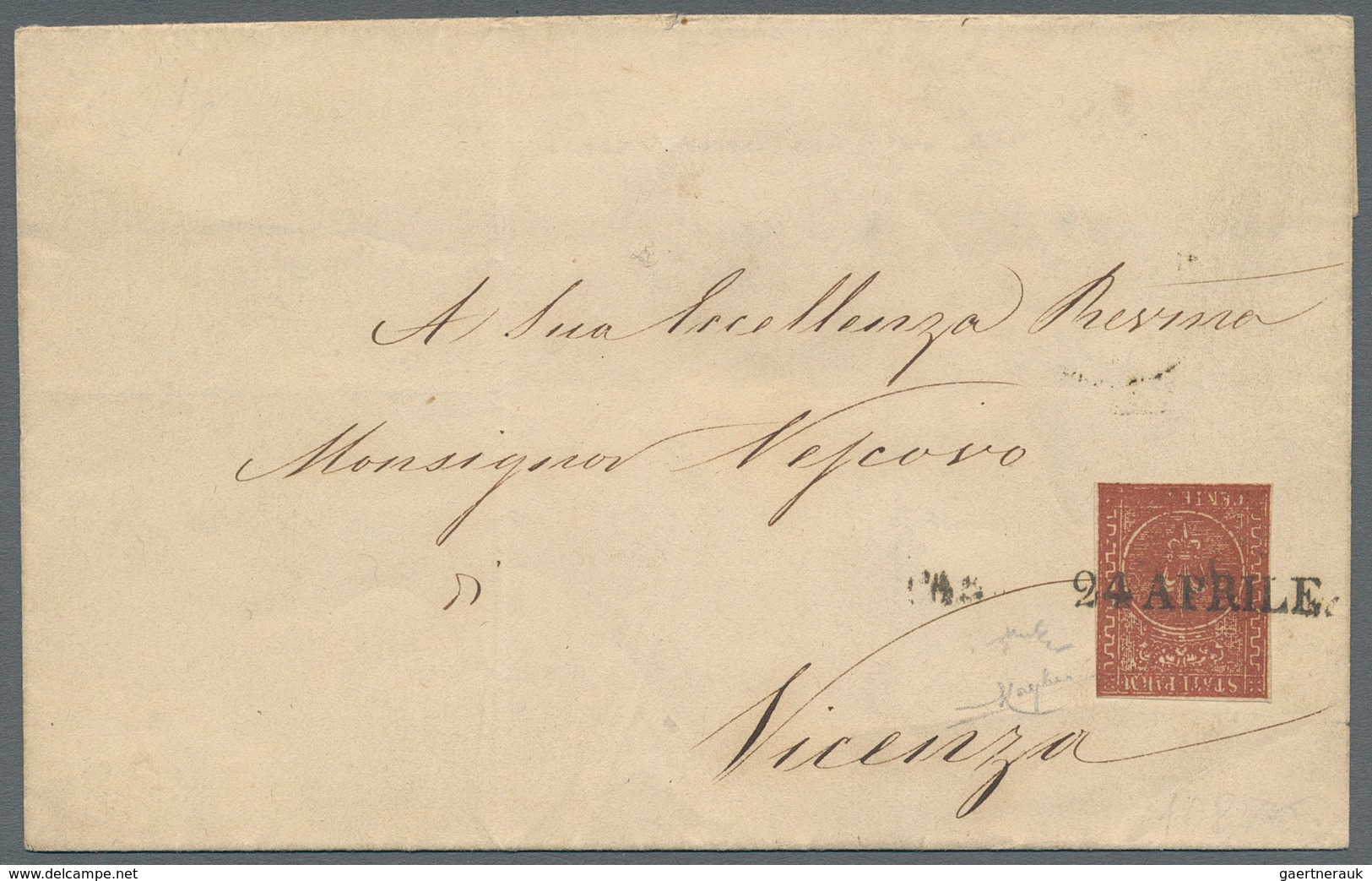 Italien - Altitalienische Staaten: Parma: 1855, 25 Cent. Red-brown, Single Franking On Letter Tied B - Parme