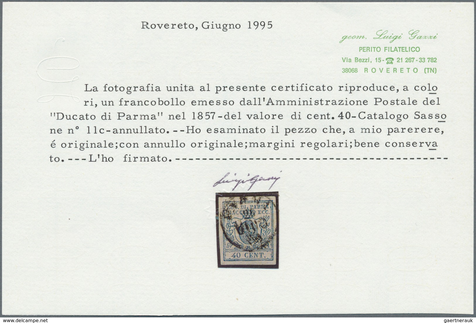 Italien - Altitalienische Staaten: Parma: 1857, 40c. Blue, Fresh Colour And Full Margins All Around, - Parma