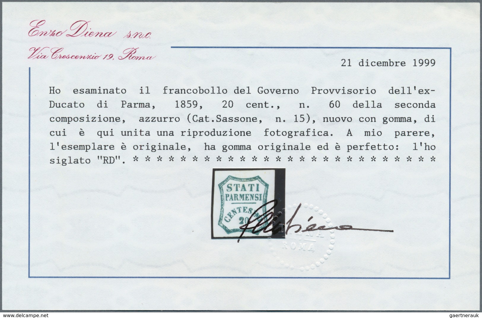 Italien - Altitalienische Staaten: Parma: 1859, Provisional Government, 20 C Blue, Mint With Origina - Parma