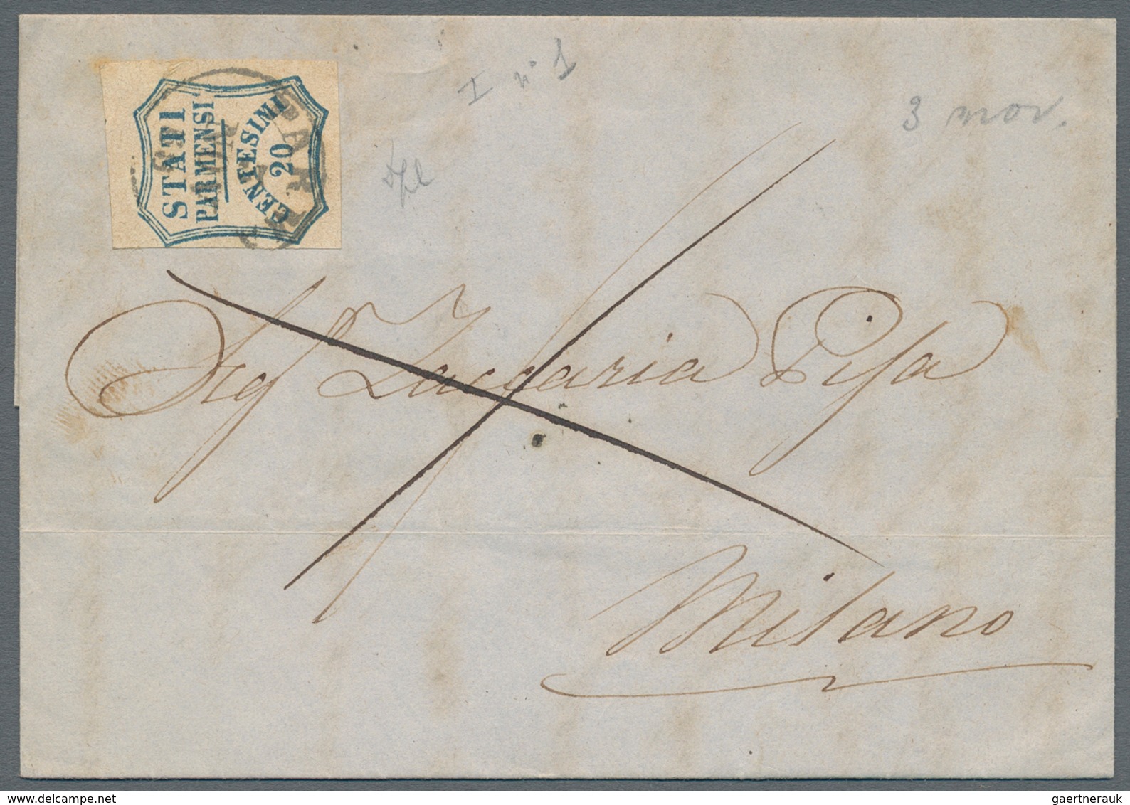 Italien - Altitalienische Staaten: Parma: 1859. 20 Cent. Blue, "Prov. Government", Cancelled PARMA 3 - Parme