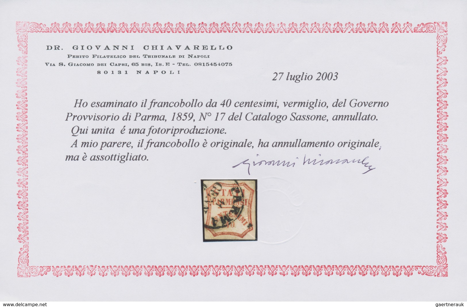 Italien - Altitalienische Staaten: Parma: 1859, Provisional Government, 40 Cents Vermilion, Cancelle - Parme