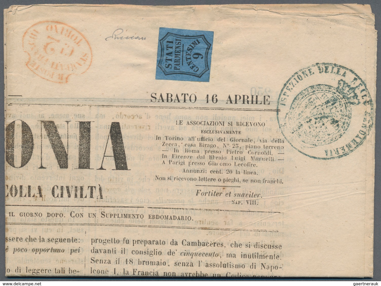 Italien - Altitalienische Staaten: Parma - Zeitungsstempelmarken: 1853, 9c Black On Blue, Tax Stamp - Parme