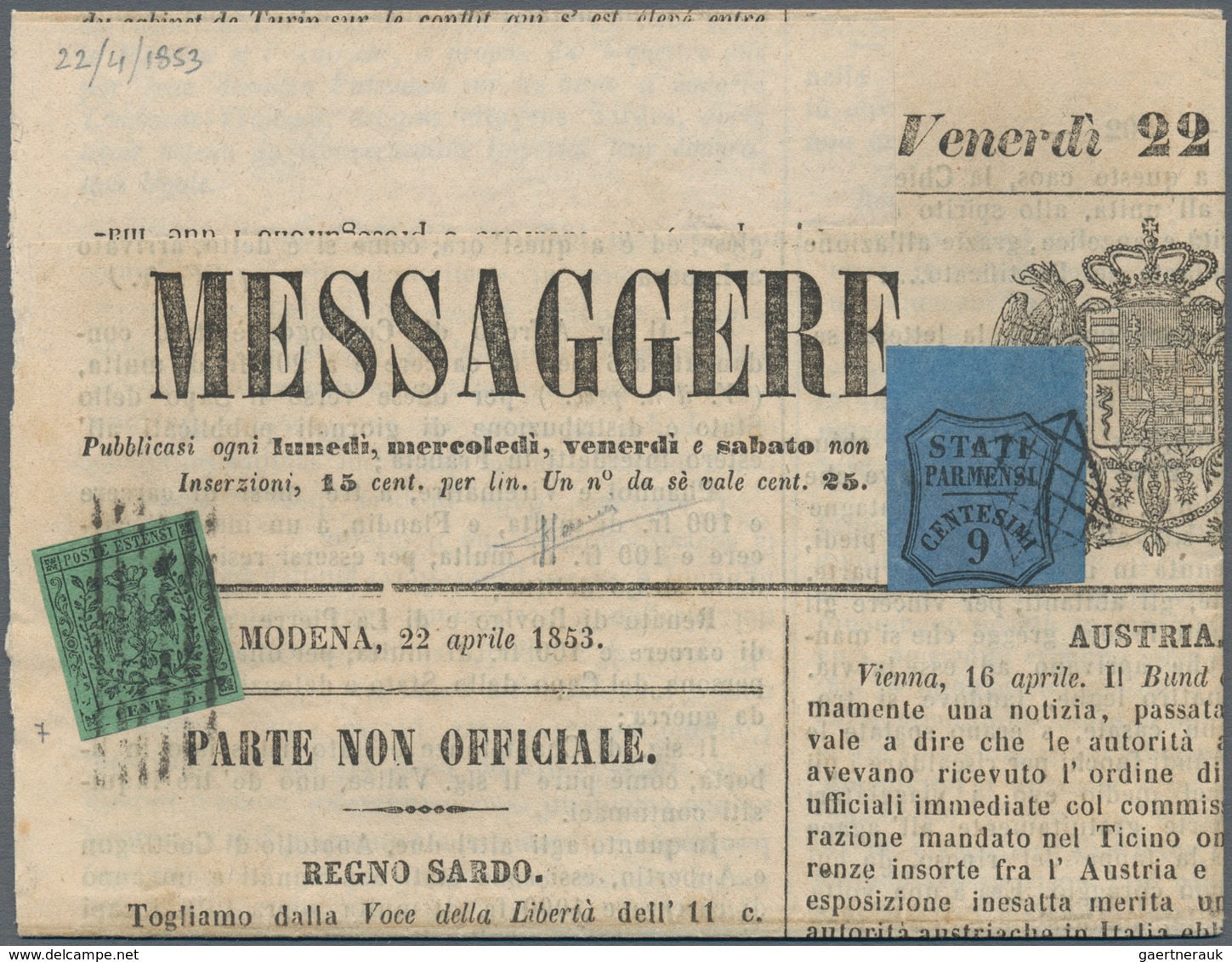 Italien - Altitalienische Staaten: Parma - Zeitungsstempelmarken: 1852/1853, Modena, 5 C Black On Gr - Parme