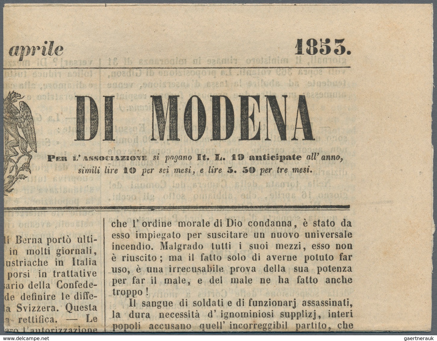 Italien - Altitalienische Staaten: Parma - Zeitungsstempelmarken: 1852/1853, Modena, 5 C Black On Gr - Parme