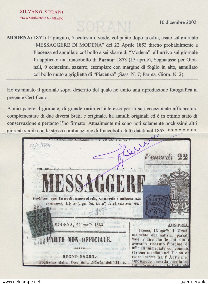 Italien - Altitalienische Staaten: Parma - Zeitungsstempelmarken: 1852/1853, Modena, 5 C Black On Gr - Parma