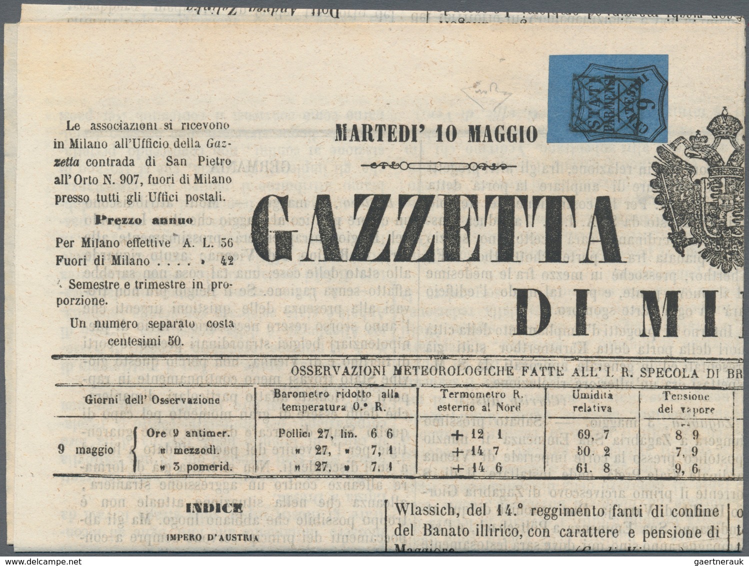 Italien - Altitalienische Staaten: Parma - Zeitungsstempelmarken: 1853, 9 Cents Black On Blue, Upper - Parma