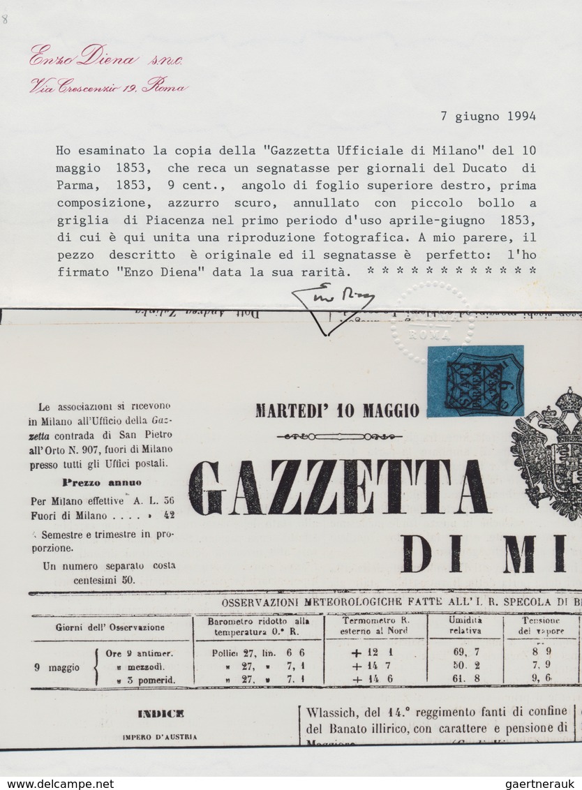 Italien - Altitalienische Staaten: Parma - Zeitungsstempelmarken: 1853, 9 Cents Black On Blue, Upper - Parme