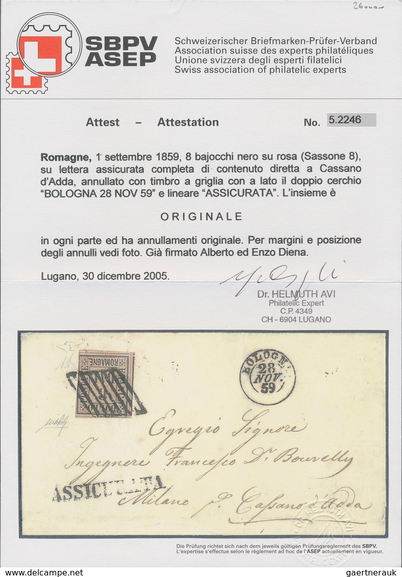 Italien - Altitalienische Staaten: Romagna: 1859. 8 Bajocchi Black On Rose, Three Sides Very Wide Ma - Romagne