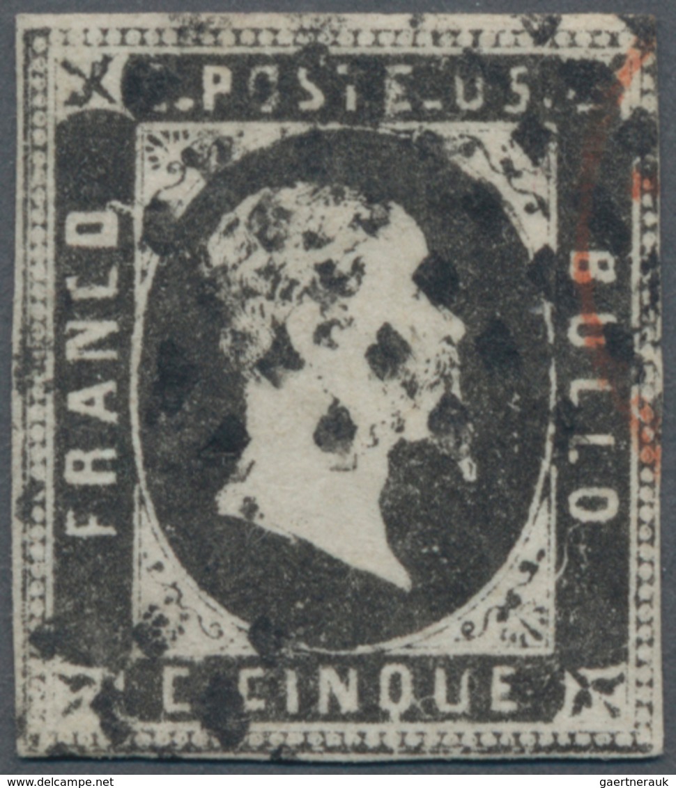 Italien - Altitalienische Staaten: Sardinien: 1851, 5 Cent. Black, Used, Narrow Margins, Certificate - Sardaigne