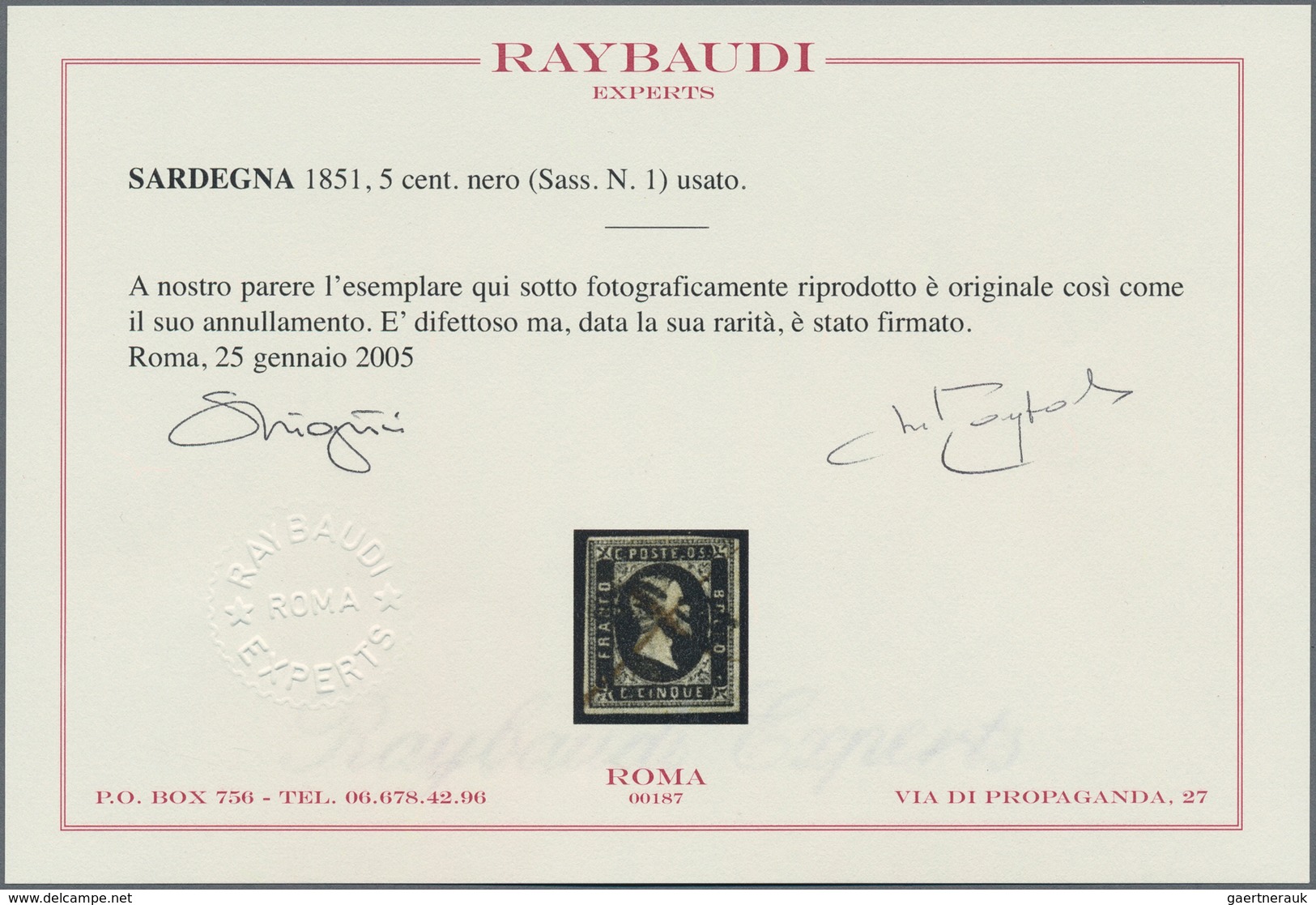 Italien - Altitalienische Staaten: Sardinien: 1851, 5 C Black, Close To Full Margins, Used With Pen - Sardinien