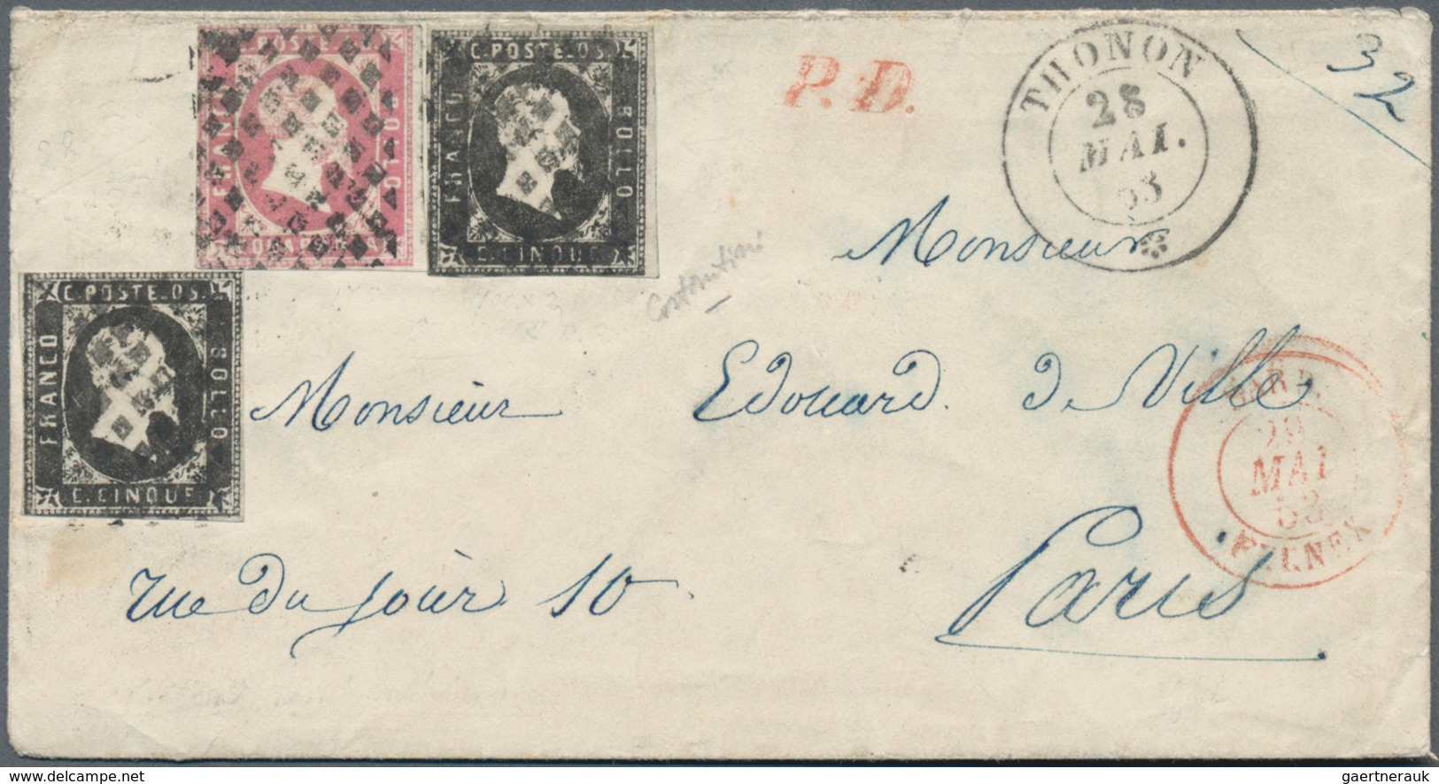 Italien - Altitalienische Staaten: Sardinien: 1851, Sardinia Used In Savoy: 2 X 5 C Black, Each Slig - Sardinia