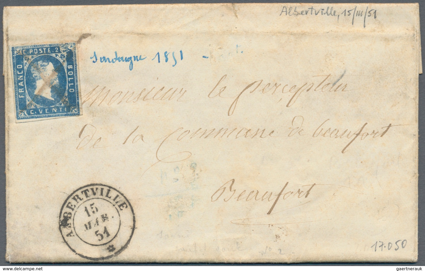 Italien - Altitalienische Staaten: Sardinien: 1851, 20 Cents Blue, On A Letter Dated March 15, 1851 - Sardaigne