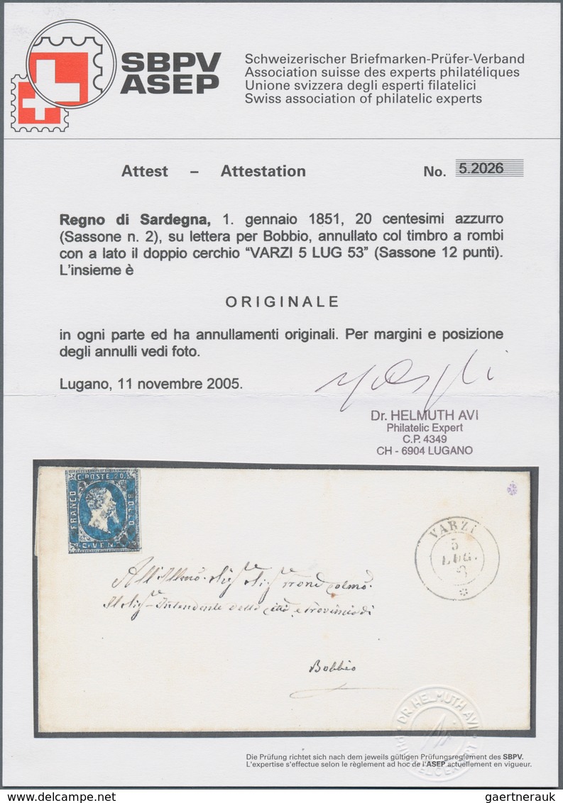 Italien - Altitalienische Staaten: Sardinien: 1851, 20c. Blue, Fresh Colour, Cut Into To Full Margin - Sardaigne