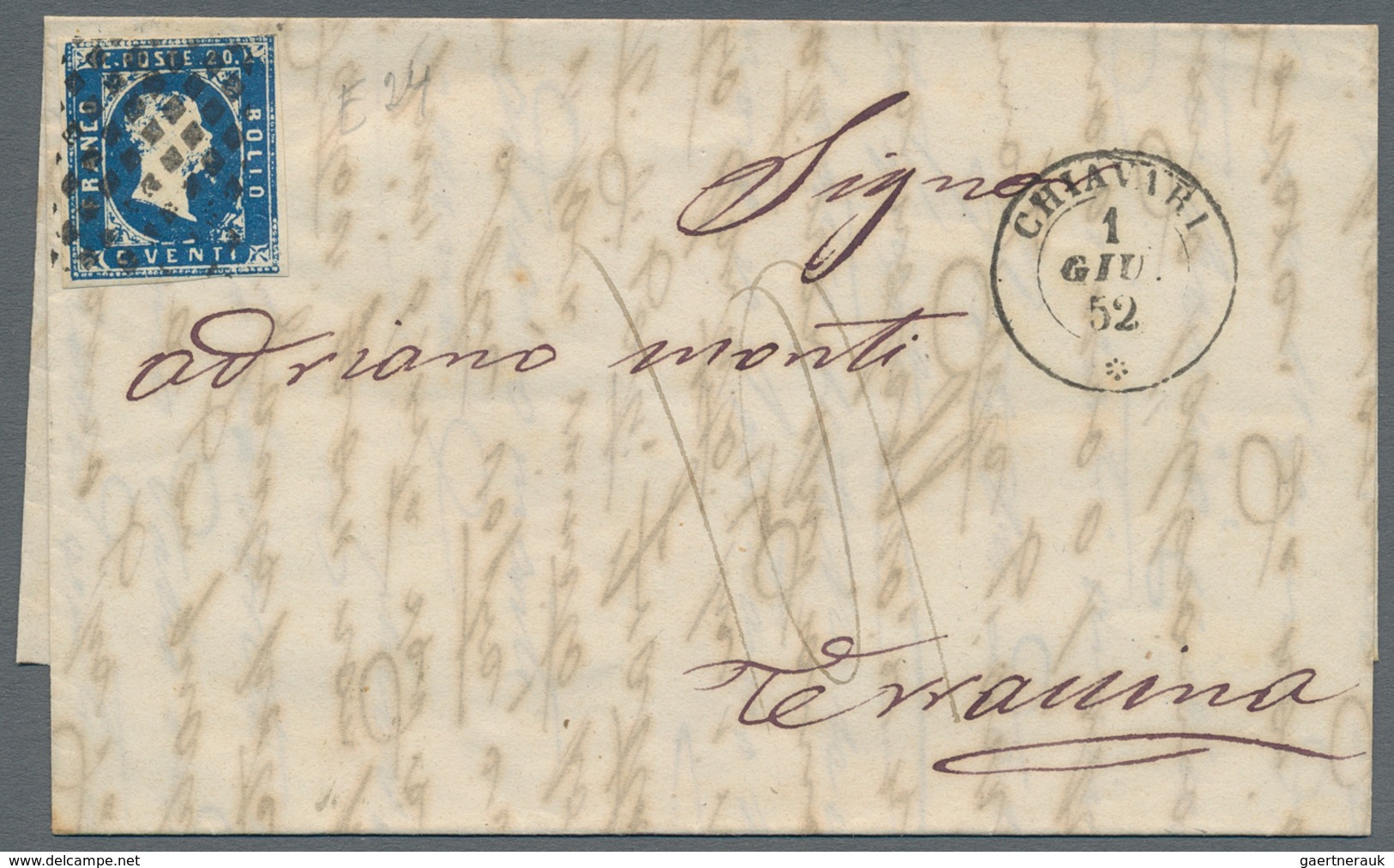 Italien - Altitalienische Staaten: Sardinien: 1851, 20 C Blue, Cut Slightly Touching At The To, Tied - Sardinien